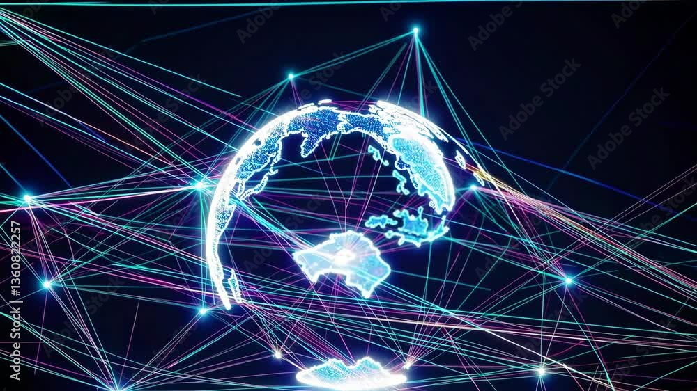 Poster global connectivity visualized through vibrant lines and digital representation of earth