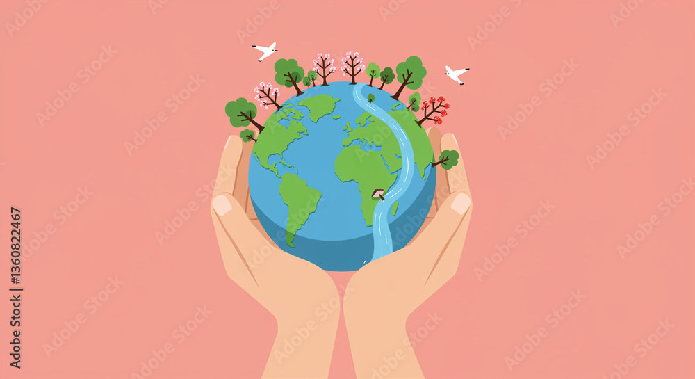 Poster earth in hands with trees and river represents environment and nature in flat design style for ecolo
