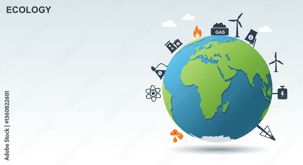 Poster earth globe with ecology and environment elements depicting various energy sources around the world 