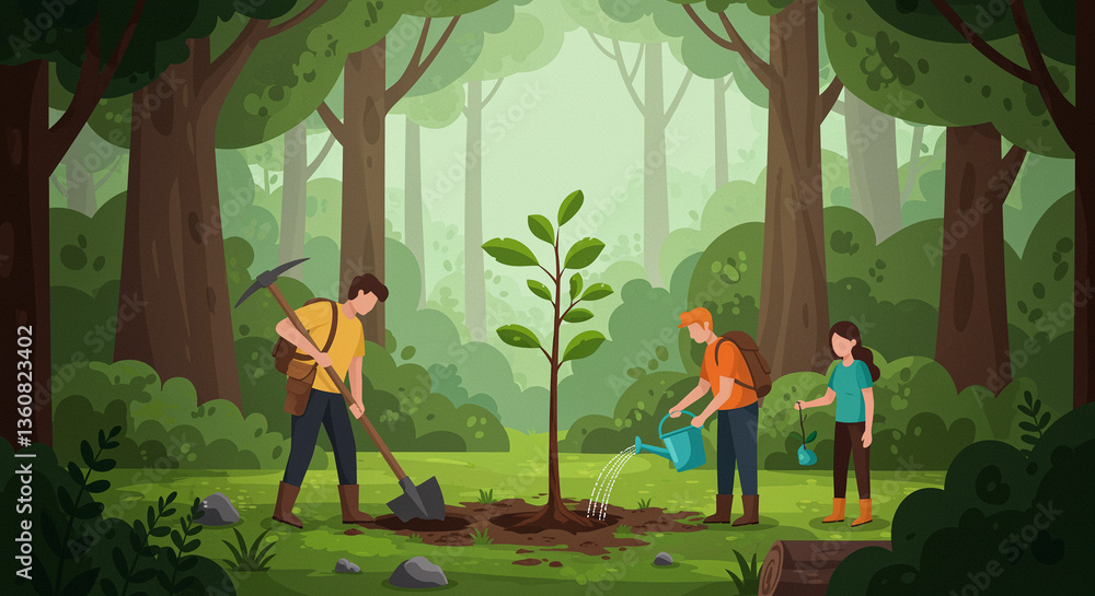 Poster tree planting in forest with volunteers planting tree and watering it one man digging hole for tree 