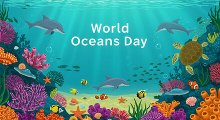 Ocean scene with dolphins sea turtle coral reef and various fish creating a vibrant underwater ecosystem for World Oceans Day illustration
