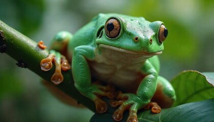 Naklejka premium Vibrant Green Tree Frog on Lush Foliage