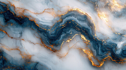 Blue and Gold Marble Texture with Fluid Ink Patterns