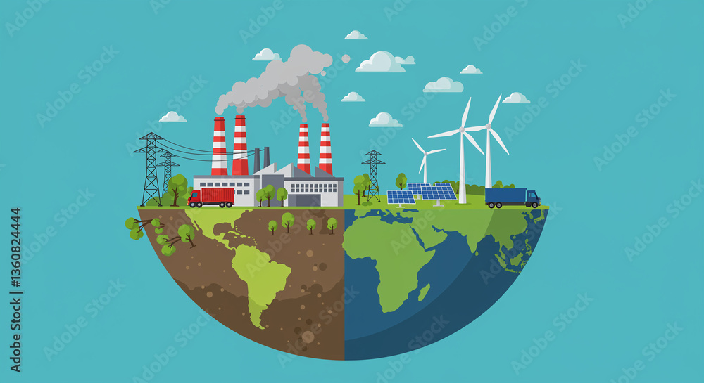Poster planet earth showing pollution and clean energy with factory emissions and renewable resources like 