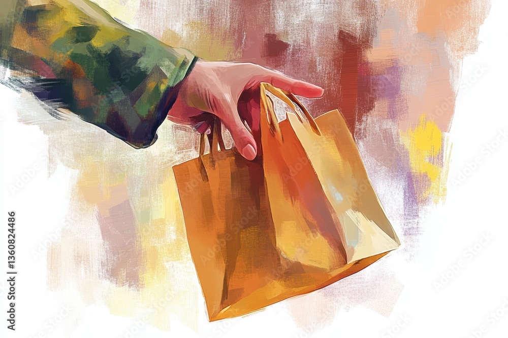Aufkleber hand extends grocery bag towards viewer in artistic illustration with bright colors and smooth brush
