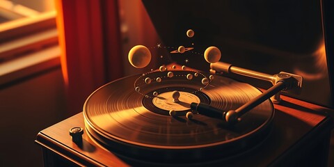 A vintage gramophone plays a vinyl record where tiny planets and stars orbit the needle instead of grooves. The scene is bathed in warm, golden hour light with reds, oranges, and yellows dominating,