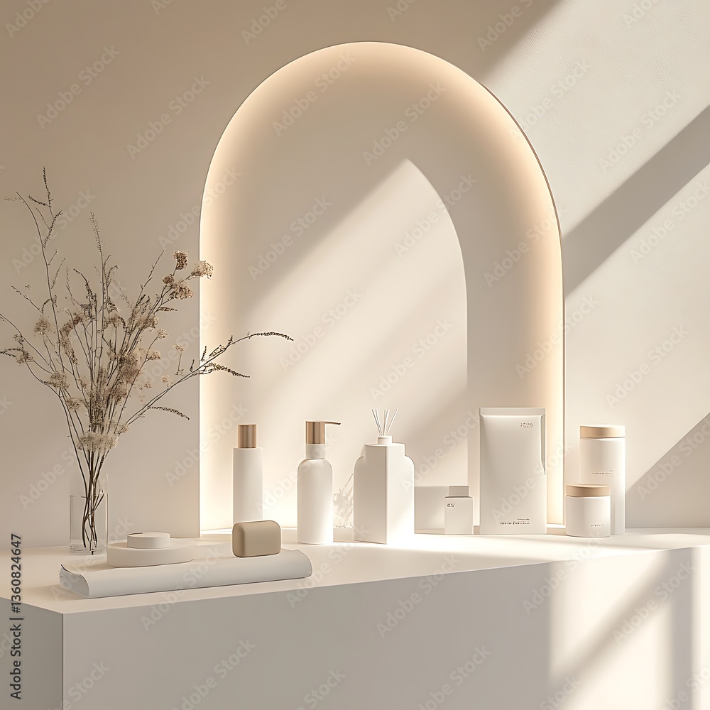 Poster minimalist spa display with skincare products