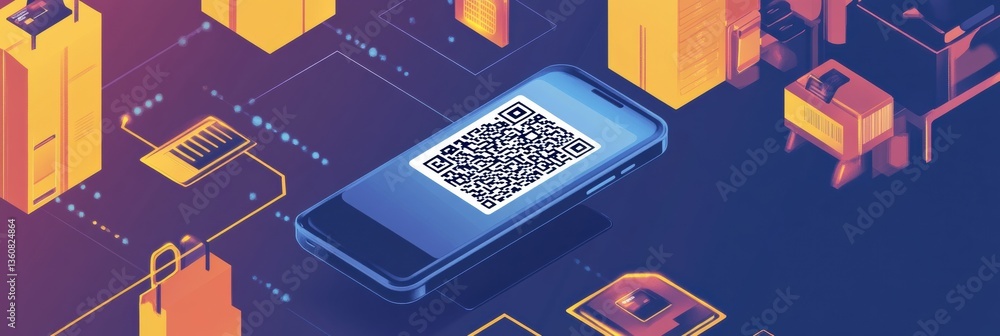 Poster Smartphone scans QR code for order pickup in a futuristic shopping interface with vibrant colors and advanced technology Generative AI