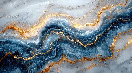 Fototapeta premium Blue and Gold Marble Texture with Fluid Ink Patterns
