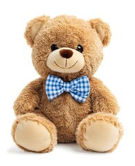 Obraz premium Adorable brown teddy bear wearing a blue checkered bow tie, isolated on a clean white background. High-quality, detailed photograph showcasing the charm of this classic toy.