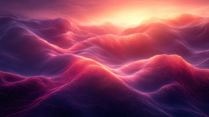 Abstract Landscape of Colorful Waves at Sunrise Over Horizon