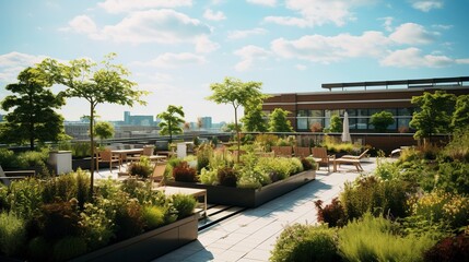 Urban rooftop garden with lush greenery and city skyline in the background.