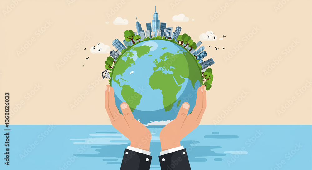 Poster globe in hands shows earth with city and trees symbolizing environment and ecology concept. globe su