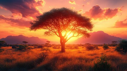 Fototapeta premium Serene African savanna sunset landscape, silhouetted acacia tree, vibrant orange sky, majestic mountains.