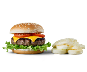 Mouthwatering Hamburger Composition, A Delightful Culinary Creation Featuring a Juicy Beef Patty, Fresh Vegetables, and Creamy Cheese, Accompanied by Stacked Cassava Slices