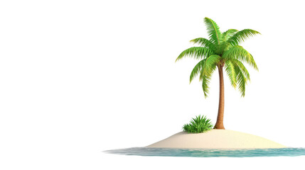 Obraz premium Serene tropical island scene with a single swaying palm tree overlooking the calm turquoise ocean waters and sandy beach