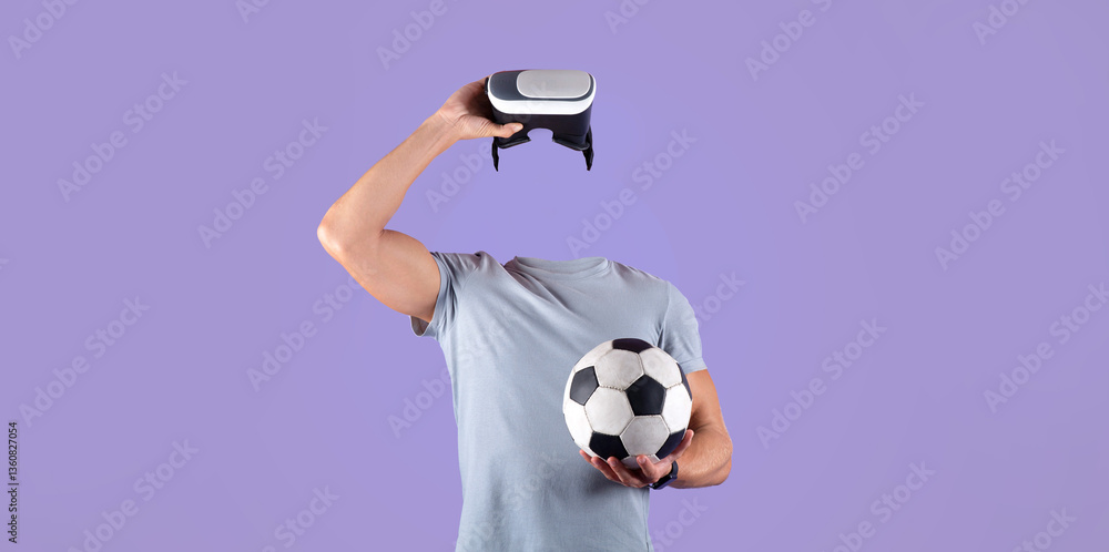 Poster a person stands in a modern environment, wearing virtual reality goggles and holding a soccer ball. 