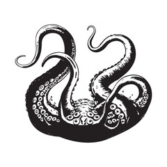 Black and White Octopus Illustration with Tentacles, Digital Marine Creature Artwork