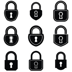 Simple Black and White Padlock Icons Set. A collection of nine simple, black silhouette padlock icons.