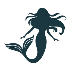 Black Silhouette of a Mermaid with Flowing Hair, Ideal for Ocean and Fantasy Themed Art