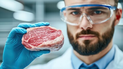Scientist examining fresh raw meat in laboratory setting
