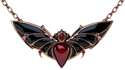 Elegant copper toned necklace featuring an intricate dark themed pendant with geometric bat or moth like wings and a central red gem or stone