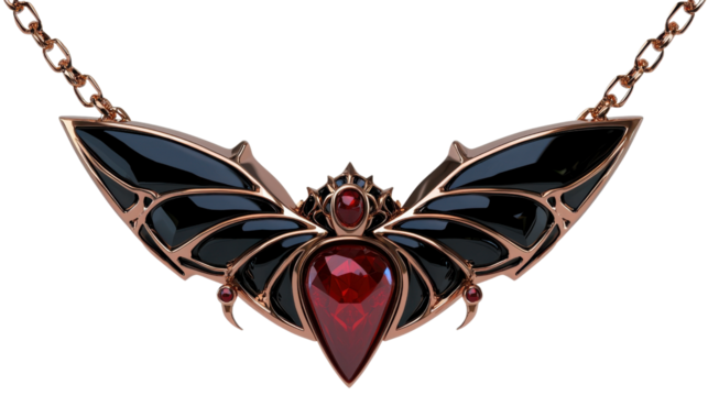 Elegant copper toned necklace featuring an intricate dark themed pendant with geometric bat or moth like wings and a central red gem or stone