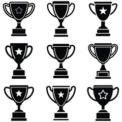 Obraz premium Collection of Black Silhouette Trophy Designs. A set of nine simple, black silhouette trophy designs, perfect for use in presentations, templates, website graphics, or digital marketing materials.