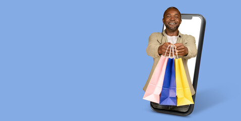 A cheerful customer is emerging from a smartphone, holding colorful shopping bags. This collage...