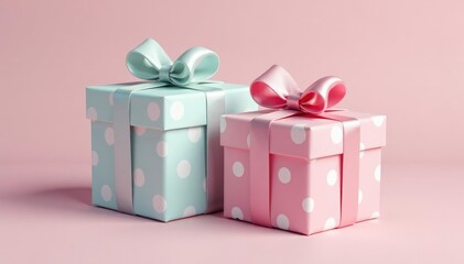 Obraz premium Subtle pastel coloured gift boxes with polka dots, minimal, soft, adorable