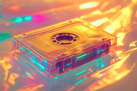 A transparent cassette tape rests on a vibrant, iridescent surface, bathed in neon light.