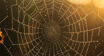 Fototapeta premium Dew-Covered Spider Web in Golden Light