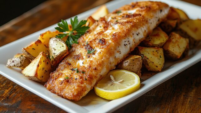 Crispy haddock fillet with rustic potato wedges served with lemon and parsley