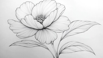Elegant Line Drawing of a Peony Flower: Botanical Illustration, Minimalist Floral Art Print