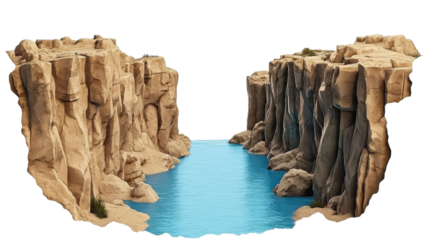 A rugged natural landscape featuring towering cliffs and a tranquil crystal clear river winding through the crevices and chasms of an canyon formation