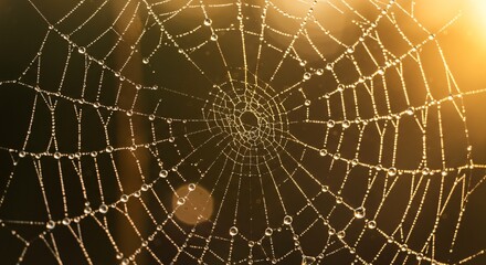 Obraz premium Dew-Covered Spider Web in Golden Light
