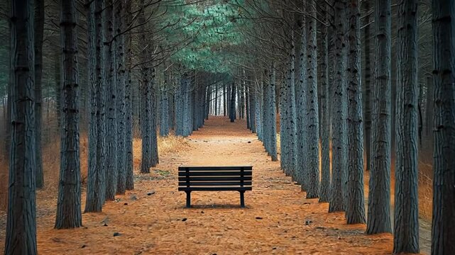 Bench offering peaceful perspective within a serene pine forest path