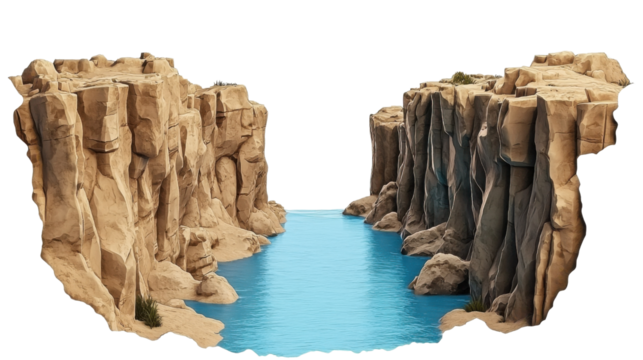 A rugged natural landscape featuring towering cliffs and a tranquil crystal clear river winding through the crevices and chasms of an canyon formation