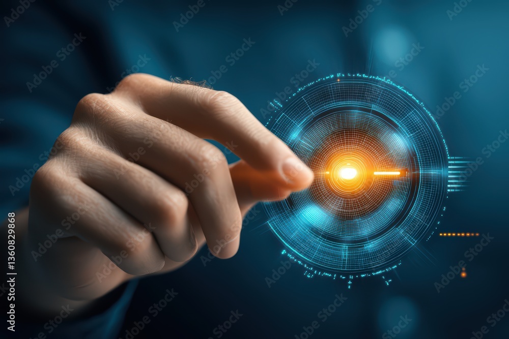 Poster hand touching digital interface with light effect
