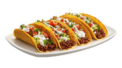A platter of delicious freshly prepared Mexican tacos filled with seasoned ground beef diced tomatoes onions lettuce cheese and sour cream served on crispy tortilla shells