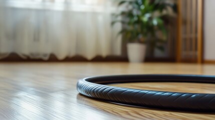 Fototapeta premium A black circular object rests on wooden flooring surface
