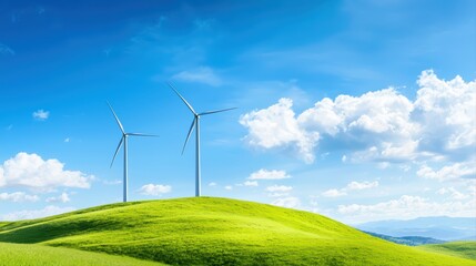 Fototapeta premium Green hills with wind turbines against blue sky