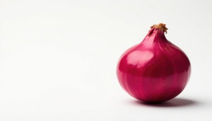 Single red onion, vibrant color, clean white backdrop, uncooked, ingredient