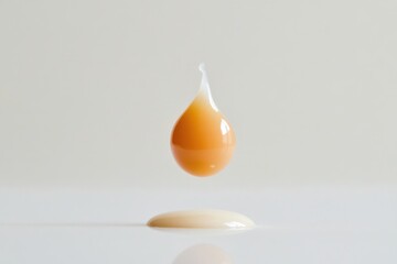 A single yolk falls, creating a perfect teardrop shape with its white counterpart on a clean surface.