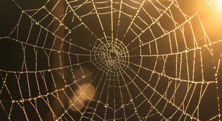 Dew-Covered Spider Web in Golden Light