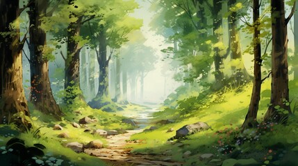Obraz premium A photo of a lush forest landscape watercolor illustration