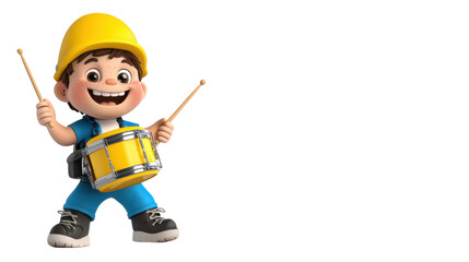 Cheerful young boy wearing a hard hat and construction worker outfit energetically playing a drum and drumsticks with a joyful carefree expression