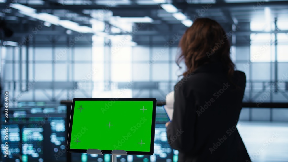 Poster close up of chroma key tablet and teamworking programmers in server room adjusting power management 