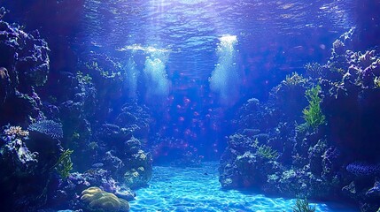 Fototapeta premium Enthralling Underwater Scene: Vibrant Coral Reef, Crystal-Clear Water, and Playful Fish