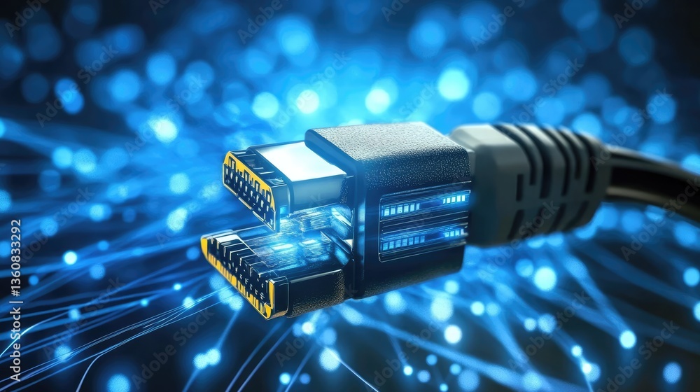Poster close-up view of a high-tech usb connector glowing with blue light, surrounded by digital data strea